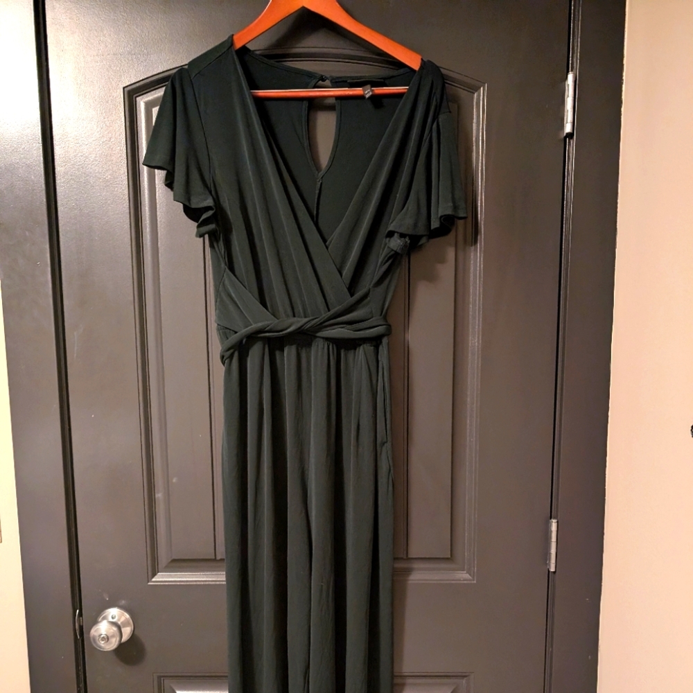 Forest green Jumpsuit, wrap top, flutter sleeves, deep vee neck